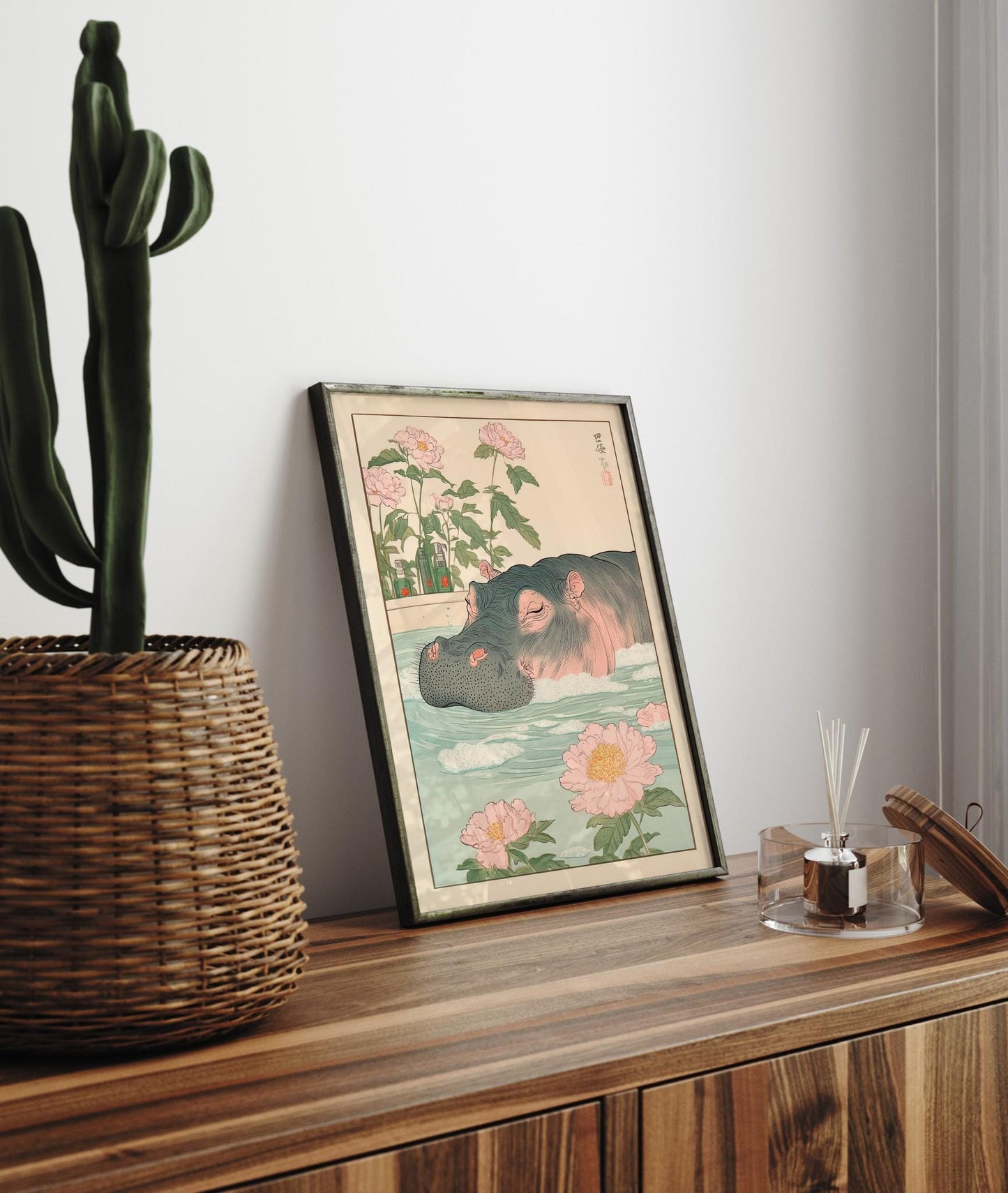 Hippo in Bathtub Ukiyo-e Print: Japanese Bathroom Art