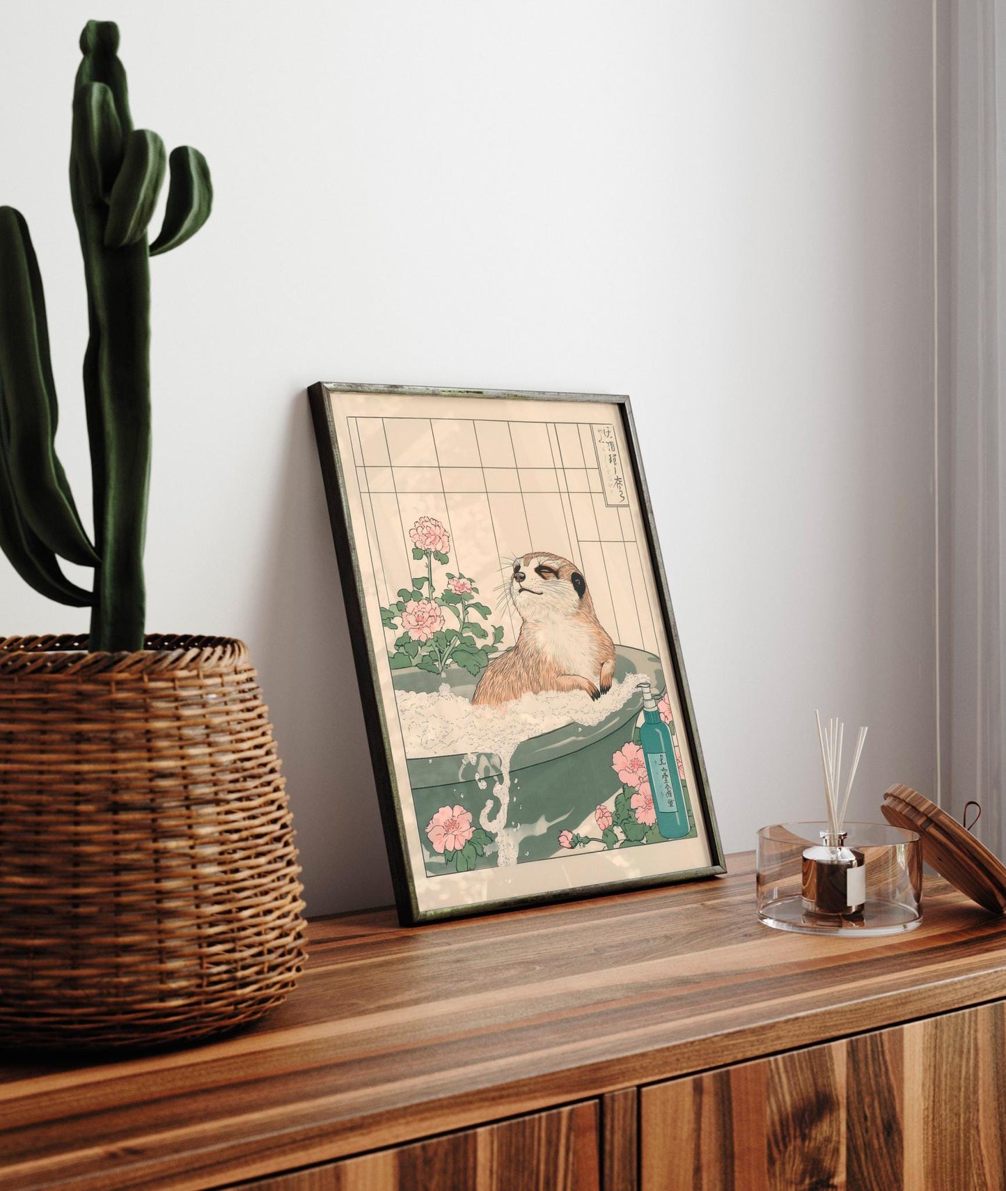 Meerkat in Bathtub Print: Funny Ukiyo-e Japanese Bathroom Art