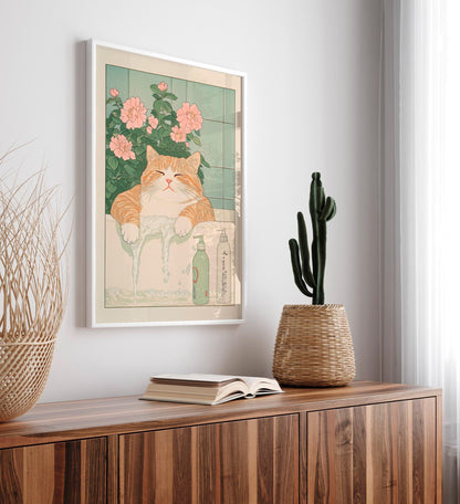 Ukiyo-e Cat Print: Funny Ginger Cat in Bathtub, Japanese Art