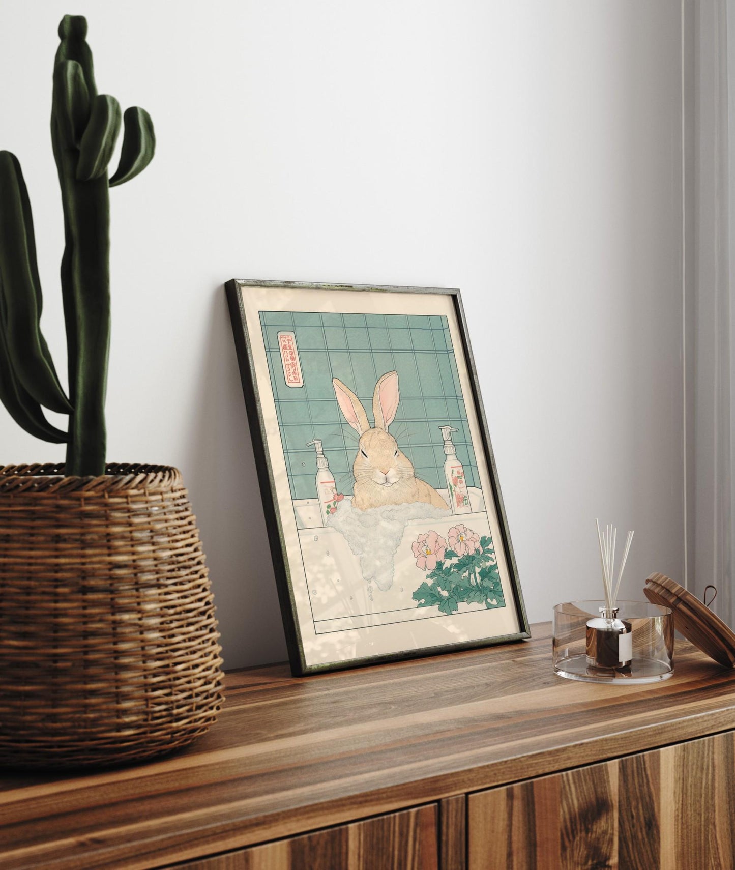 Ukiyo-e Bunny Print: Funny Rabbit in Bathtub, Japanese Art
