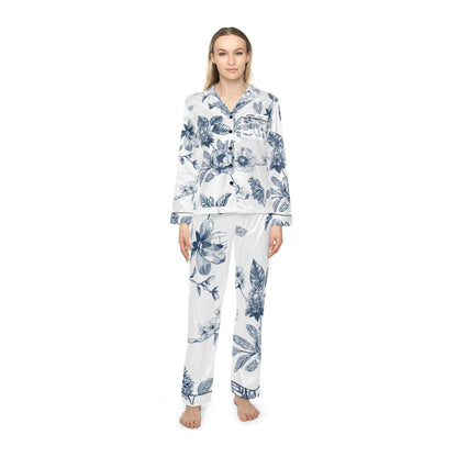 Blue Floral Satin Pajamas for Women, Elegant Sleepwear Set, Luxury PJ Set, Soft Lounge Pajamas, Floral Pajama Set, Women's Nightwear