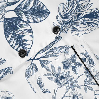 Blue Floral Satin Pajamas for Women, Elegant Sleepwear Set, Luxury PJ Set, Soft Lounge Pajamas, Floral Pajama Set, Women's Nightwear