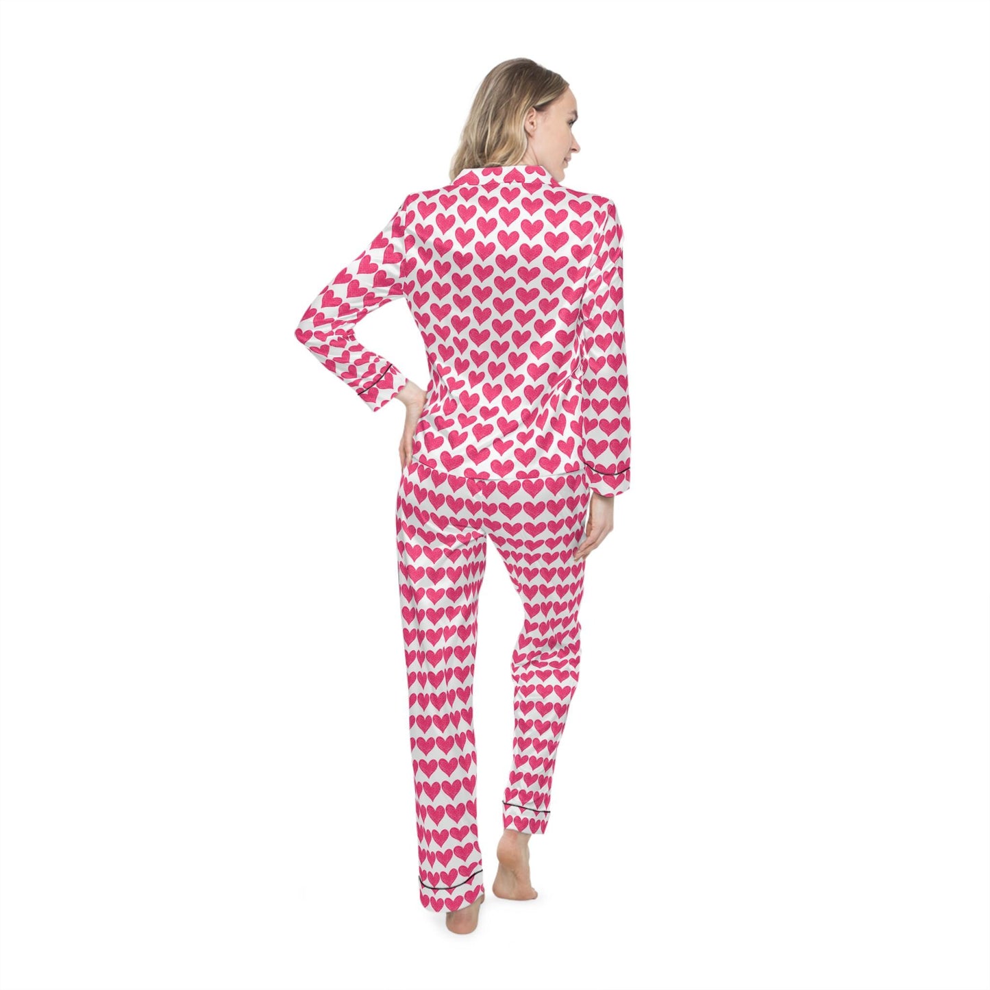 Heart Print Satin Pajamas, Red Heart PJs, Cute Women's Sleepwear, Valentine's Day Gift, Romantic Nightwear