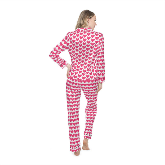 Heart Print Satin Pajamas, Red Heart PJs, Cute Women's Sleepwear, Valentine's Day Gift, Romantic Nightwear