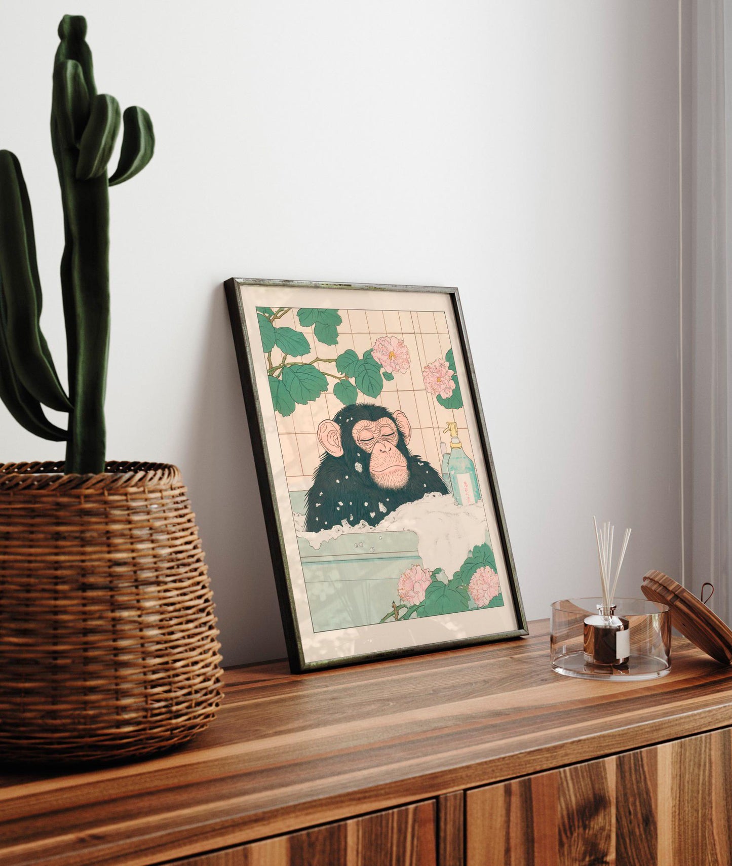 Funny Monkey Bathroom Print: Ukiyo-e Style Animal Art Poster