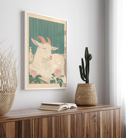 Goat in Bathtub Print: Japanese Minimalist Bathroom Art