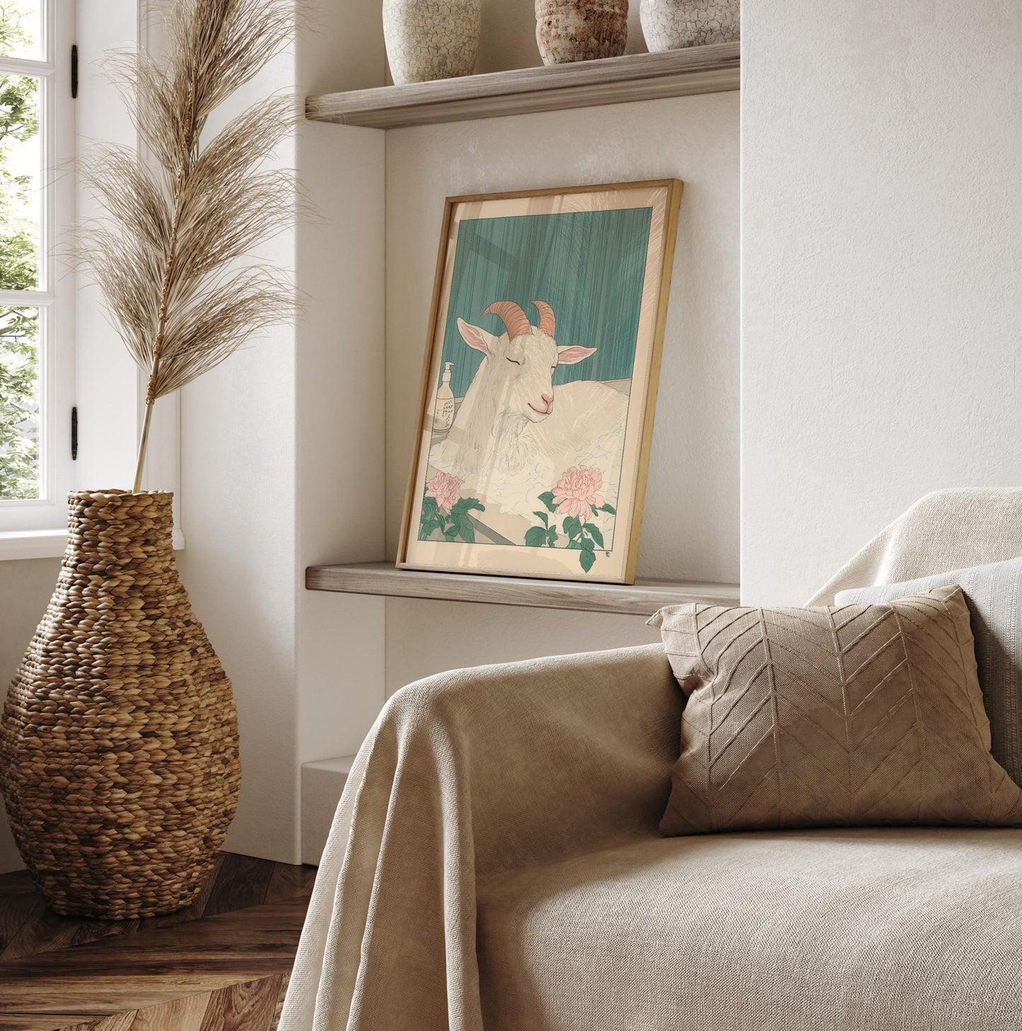 Goat in Bathtub Print: Japanese Minimalist Bathroom Art