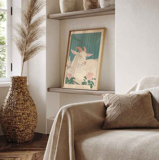 Goat in Bathtub Print: Japanese Minimalist Bathroom Art