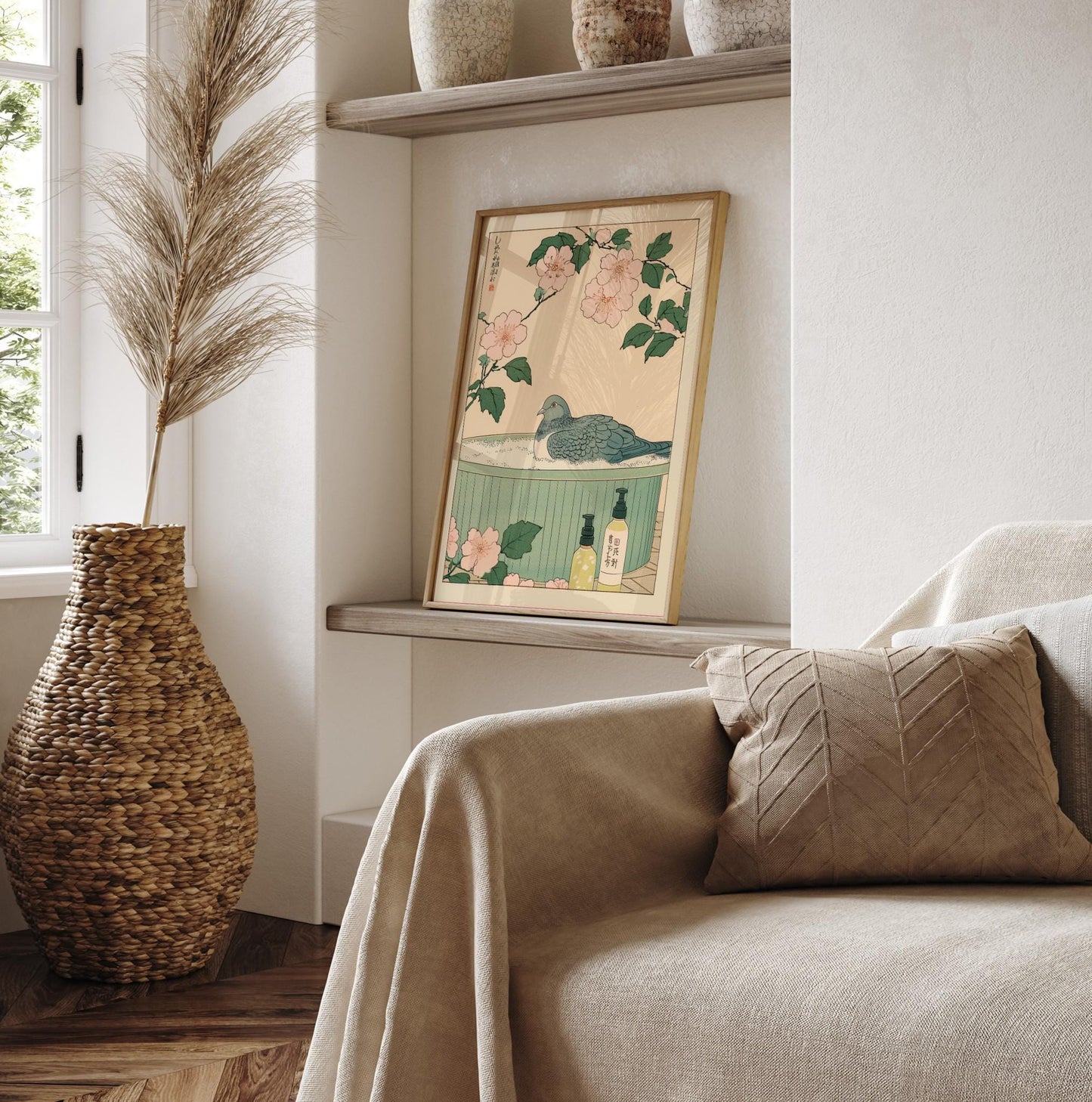 Pigeon in Bathtub Art Print: Japanese Bird Wall Art