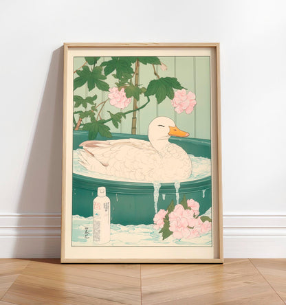 Duck in Bathtub Art Print: Japanese Ukiyo-e Style, Neutral Bathroom Decor