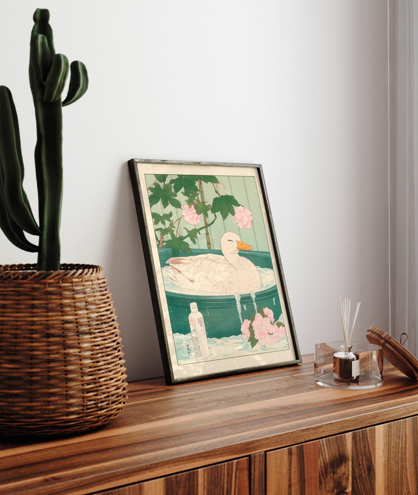 Duck in Bathtub Art Print: Japanese Ukiyo-e Style, Neutral Bathroom Decor