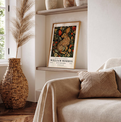 Rabbit Art Print: William Morris Style Dark Botanical Wall Decor