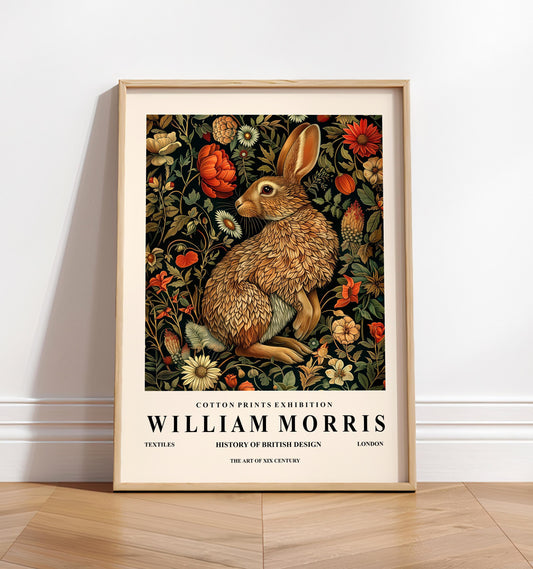 Rabbit Art Print: William Morris Style Dark Botanical Wall Decor