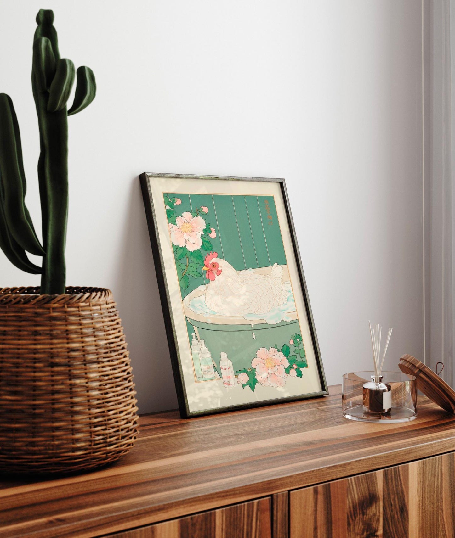 Chicken in Bathtub Art Print: Japanese Ukiyo-e Style Bathroom Decor