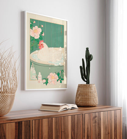 Chicken in Bathtub Art Print: Japanese Ukiyo-e Style Bathroom Decor