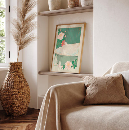 Chicken in Bathtub Art Print: Japanese Ukiyo-e Style Bathroom Decor