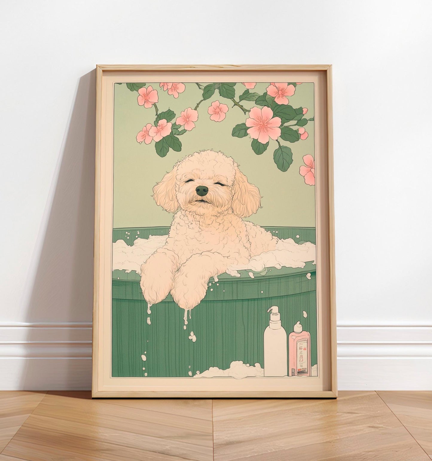 Toy Poodle in Bathtub Art Print: Japanese Ukiyo-e Illustration