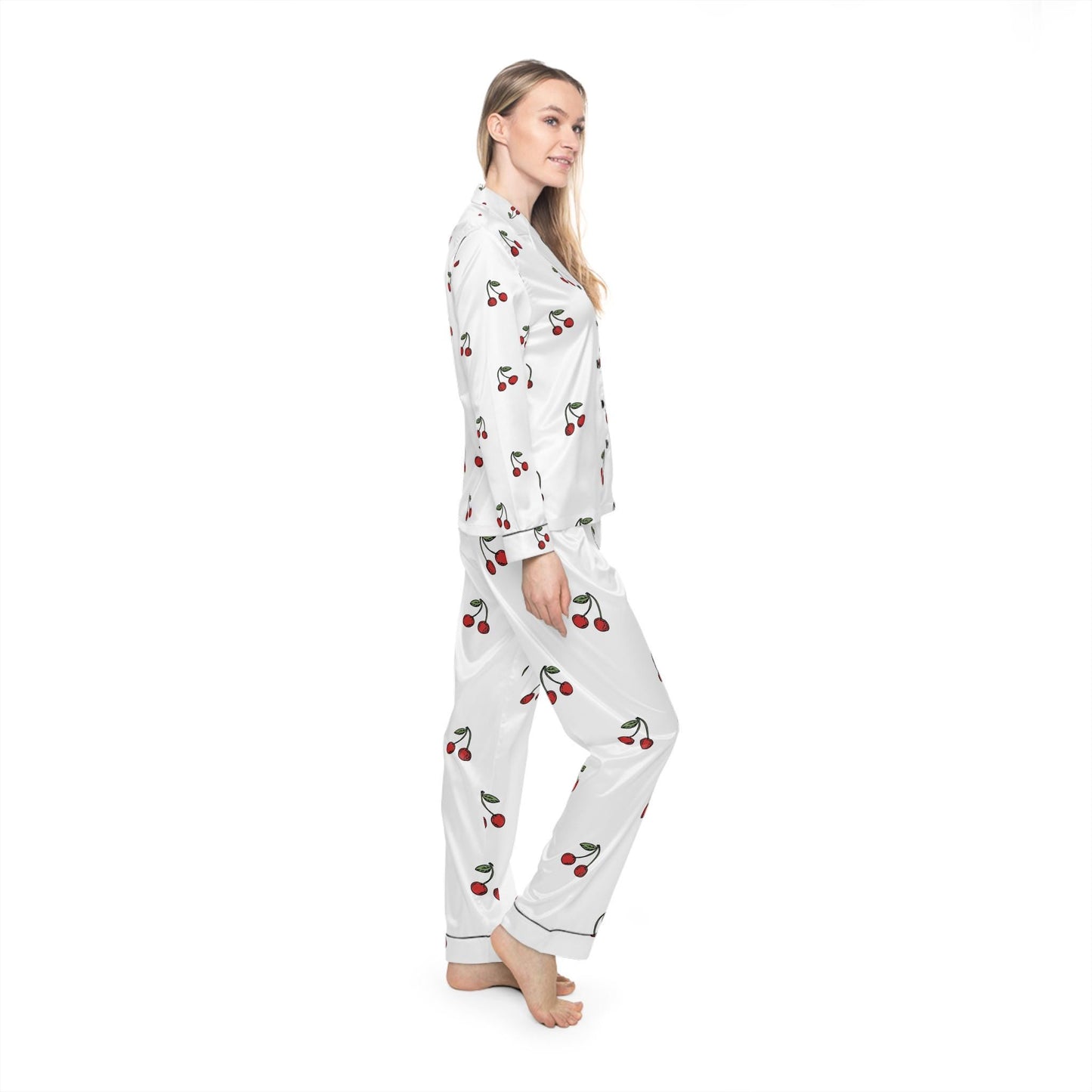 Sleep soundly with these Satin Cherry Pajamas, Cute Cherry Print Pajama Set, Soft Satin Sleepwear, Cherry Patterned Loungewear, Gift for Her