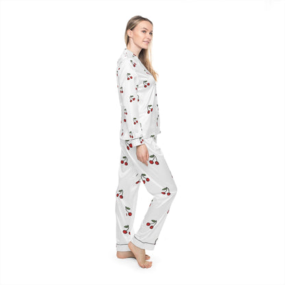 Sleep soundly with these Satin Cherry Pajamas, Cute Cherry Print Pajama Set, Soft Satin Sleepwear, Cherry Patterned Loungewear, Gift for Her