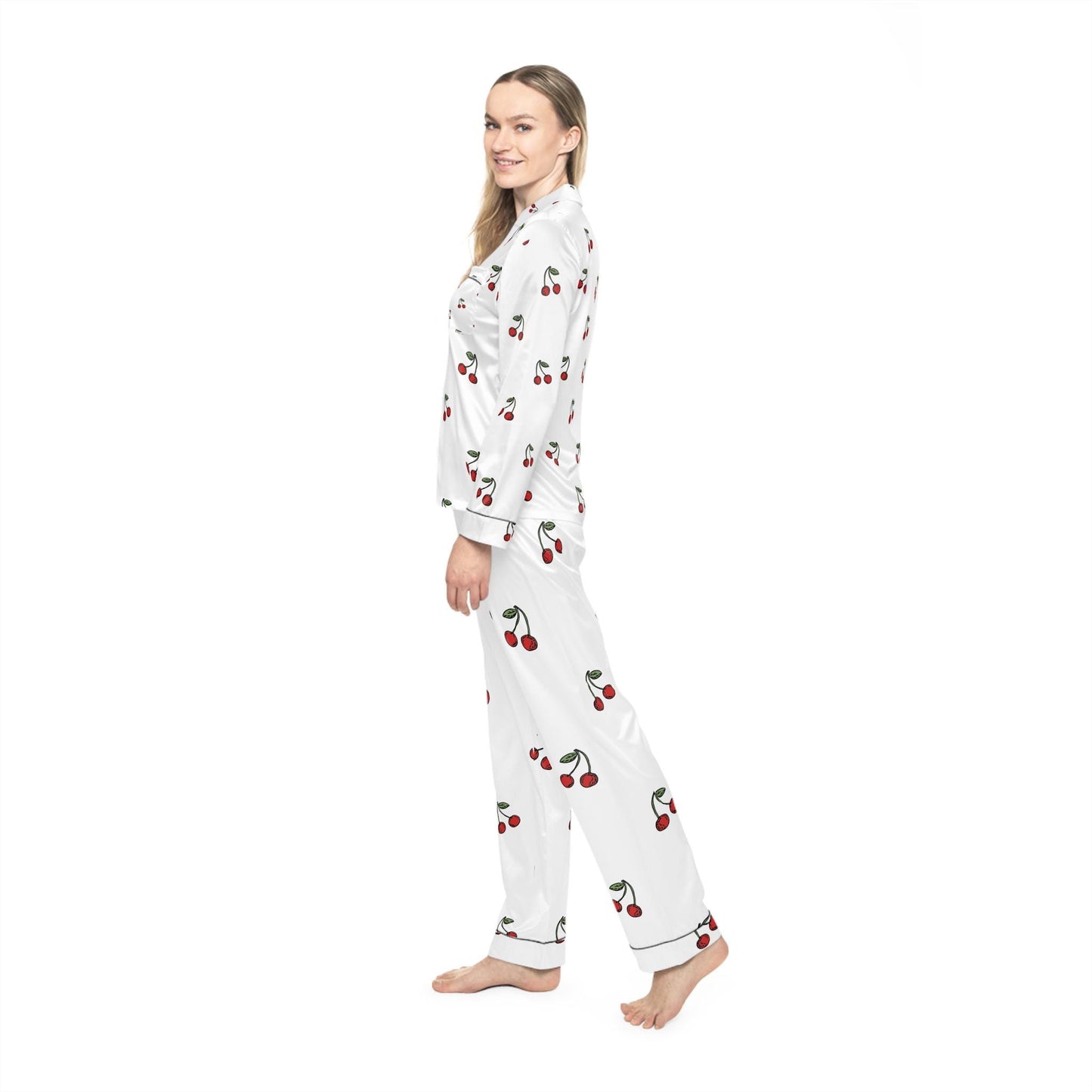 Sleep soundly with these Satin Cherry Pajamas, Cute Cherry Print Pajama Set, Soft Satin Sleepwear, Cherry Patterned Loungewear, Gift for Her
