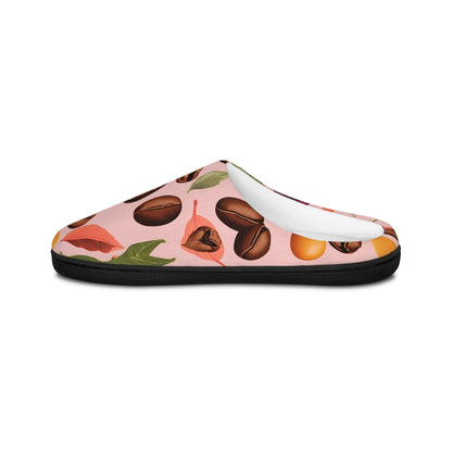 Slippers - Coffee Bean and Plants Design Women's Indoor Footwear Pink Background Gift-for Coffee Lovers House Shoes CozySlipper Gift