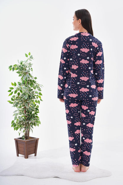 Women's Pink Cloud Pajama Set – Cozy Button-Up Sleepwear with Star & Heart Print, Comfortable Loungewear for Relaxing Nights - Pajama Set