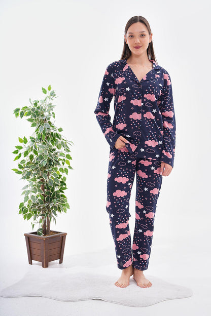 Women's Pink Cloud Pajama Set – Cozy Button-Up Sleepwear with Star & Heart Print, Comfortable Loungewear for Relaxing Nights - Pajama Set