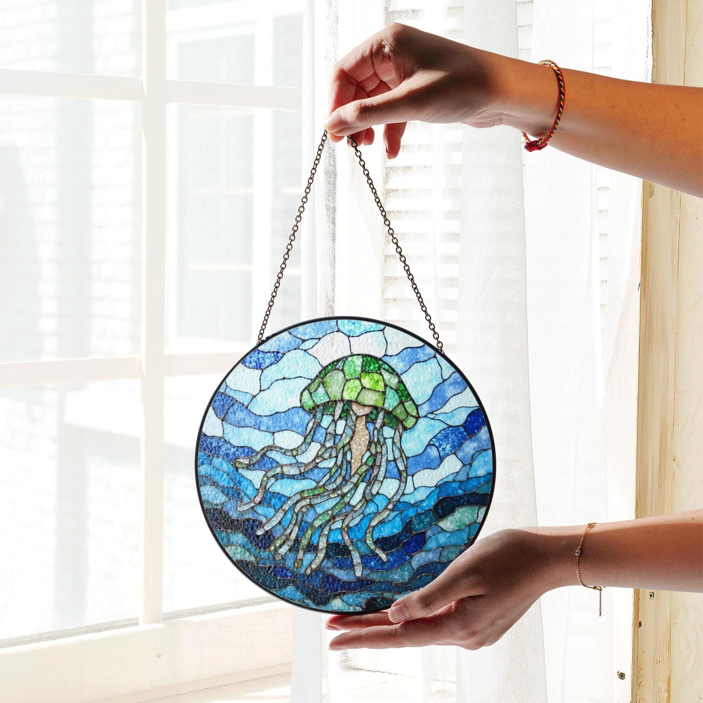 Stained Glass Jellyfish Sun Catcher Ocean Themed Decorative Window Hanging Gift for Sea Lovers