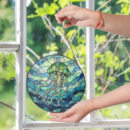 Stained Glass Jellyfish Sun Catcher Ocean Themed Decorative Window Hanging Gift for Sea Lovers