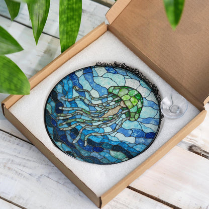 Stained Glass Jellyfish Sun Catcher Ocean Themed Decorative Window Hanging Gift for Sea Lovers