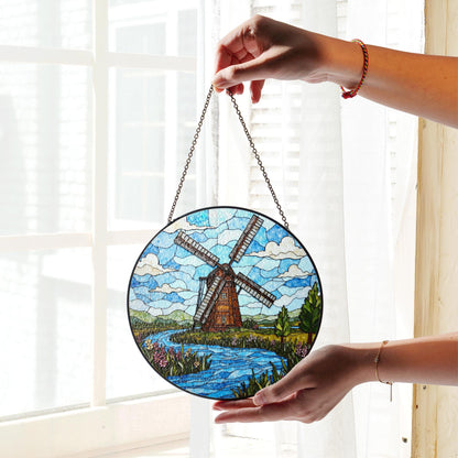 Windmill Stained Glass Suncatcher with River and Flowers Nature Gift for Garden Lovers