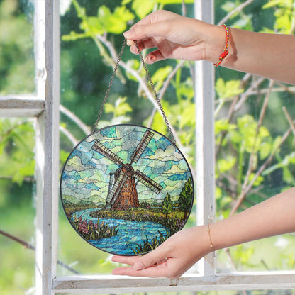Windmill Stained Glass Suncatcher with River and Flowers Nature Gift for Garden Lovers