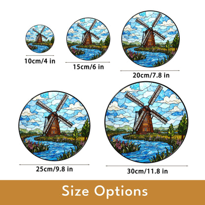 Windmill Stained Glass Suncatcher with River and Flowers Nature Gift for Garden Lovers