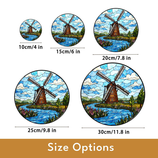 Windmill Stained Glass Suncatcher with River and Flowers Nature Gift for Garden Lovers