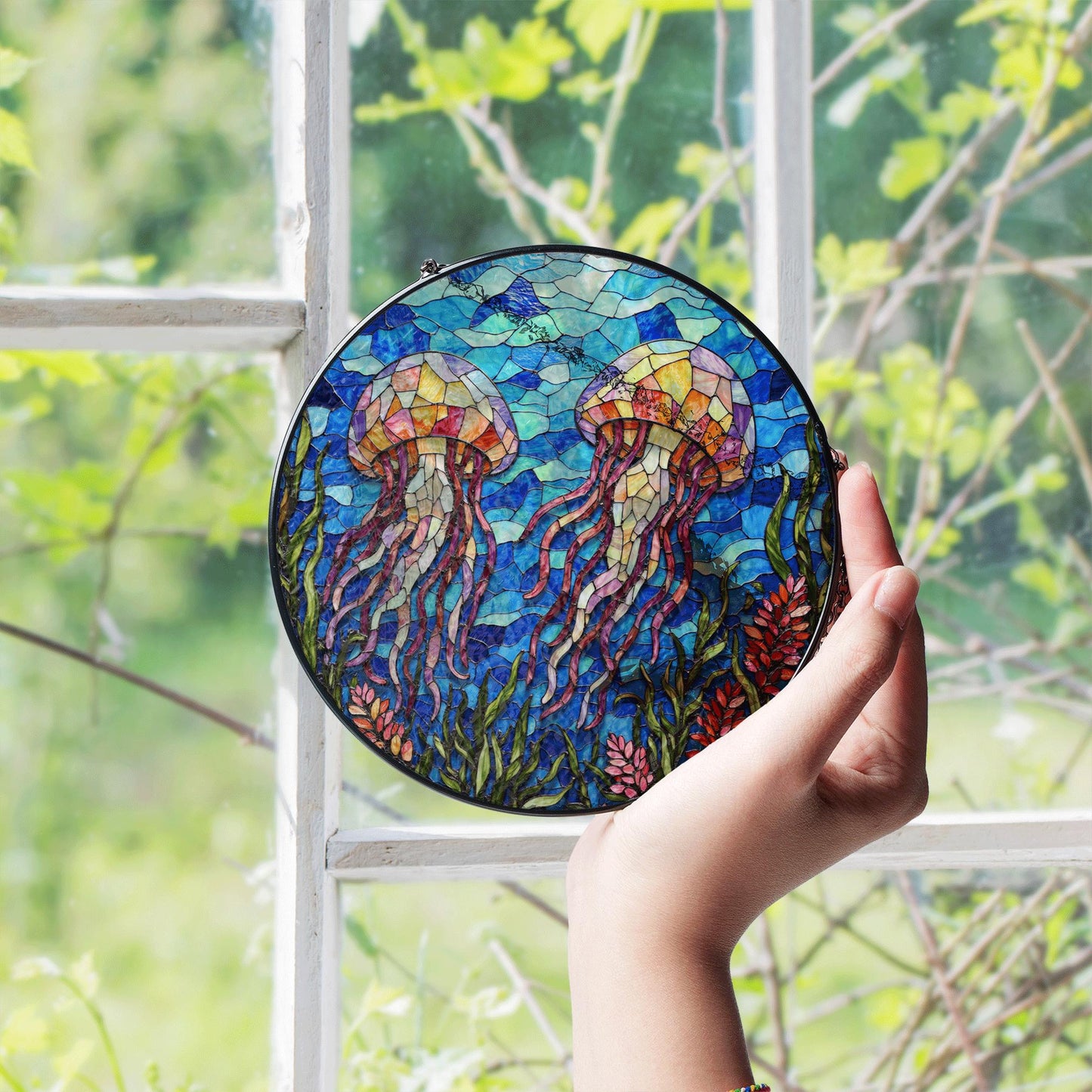 Stained Glass Jellyfish Sun Catcher Handmade Window Decor Gift for Ocean Lovers