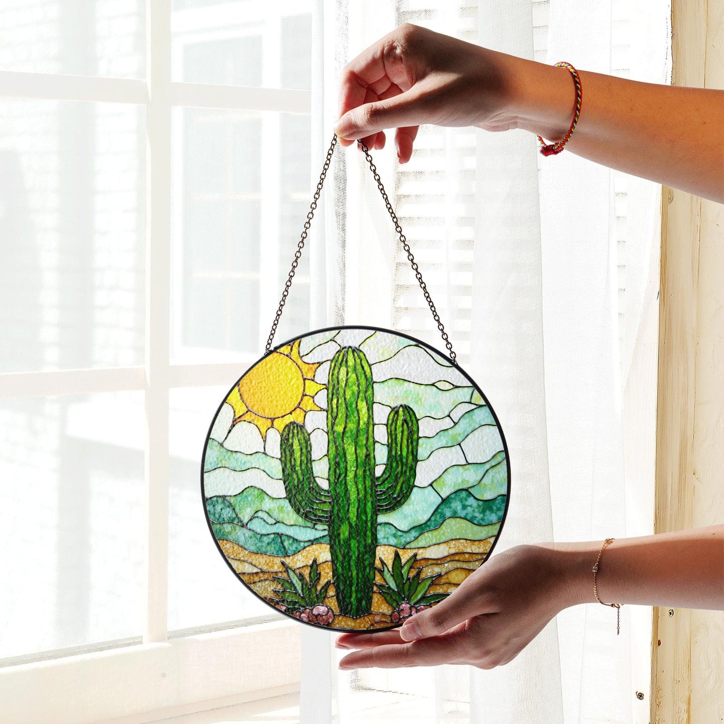 Cactus Stained Glass Sun Catcher Desert Landscape Green Cactus Gifts for Garden Lovers Home Decor