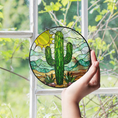 Cactus Stained Glass Sun Catcher Desert Landscape Green Cactus Gifts for Garden Lovers Home Decor