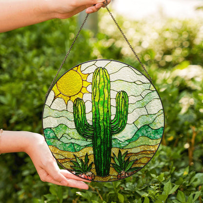 Cactus Stained Glass Sun Catcher Desert Landscape Green Cactus Gifts for Garden Lovers Home Decor