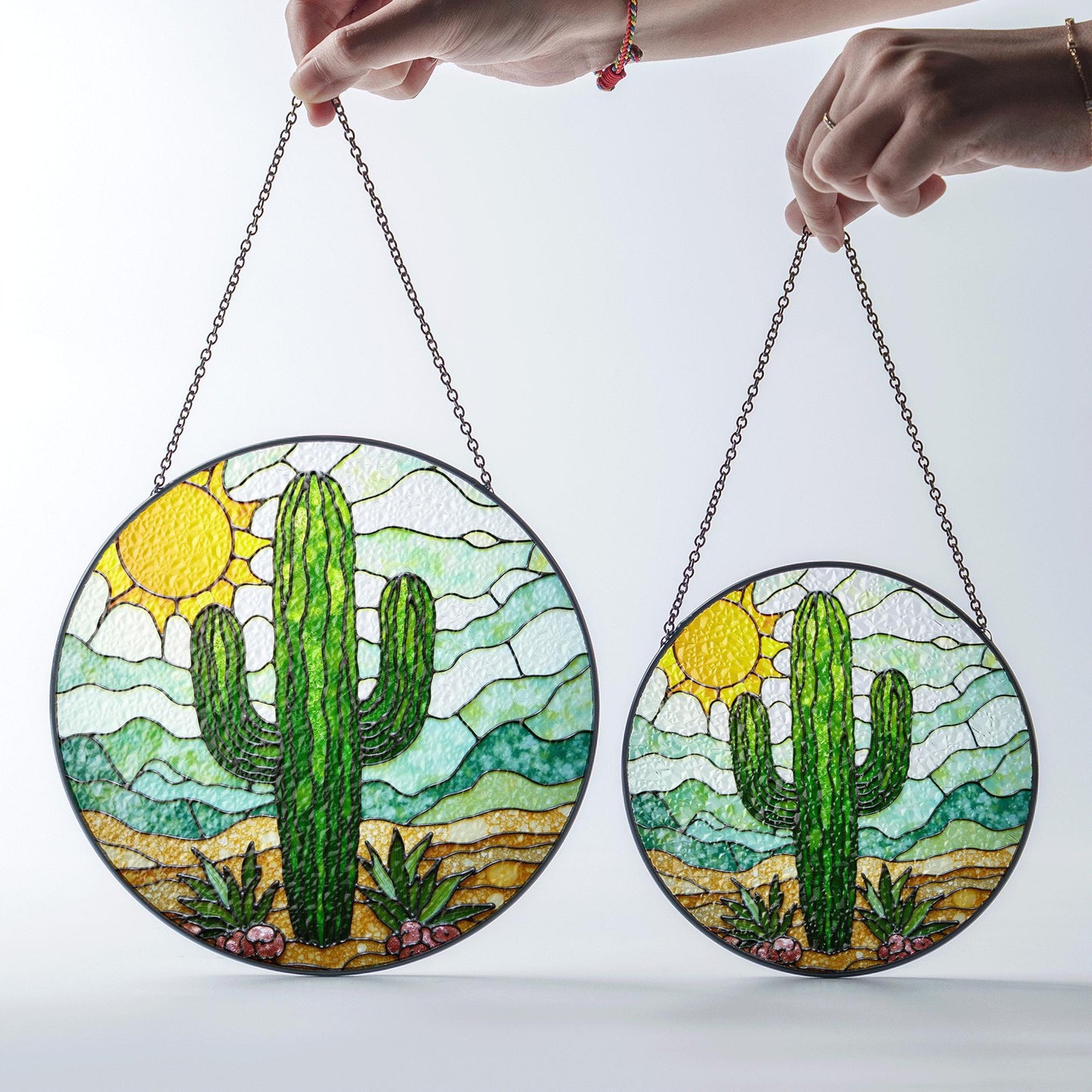 Cactus Stained Glass Sun Catcher Desert Landscape Green Cactus Gifts for Garden Lovers Home Decor