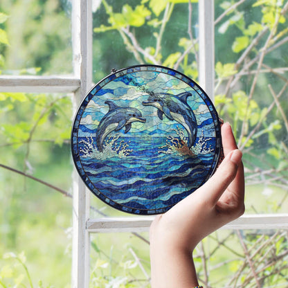 Dolphin Stained Glass Suncatcher Ocean Decor Window Art Gift for Dolphin Lover