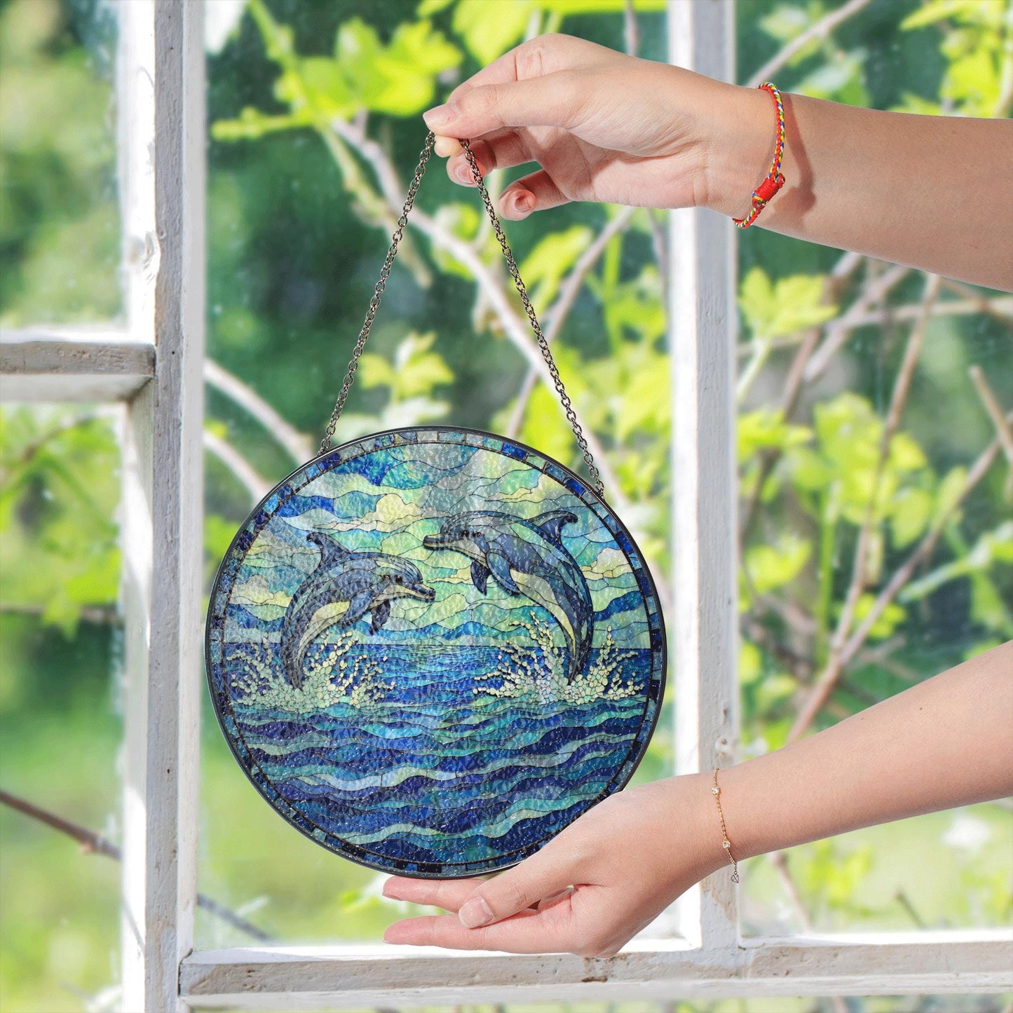 Dolphin Stained Glass Suncatcher Ocean Decor Window Art Gift for Dolphin Lover