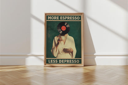 More Espresso Less Depresso, Funky Kitchen Print, Coffee Prints, Retro Print, Vinyl record Poster, Music Lovers Gift, Wall Art Home Decor