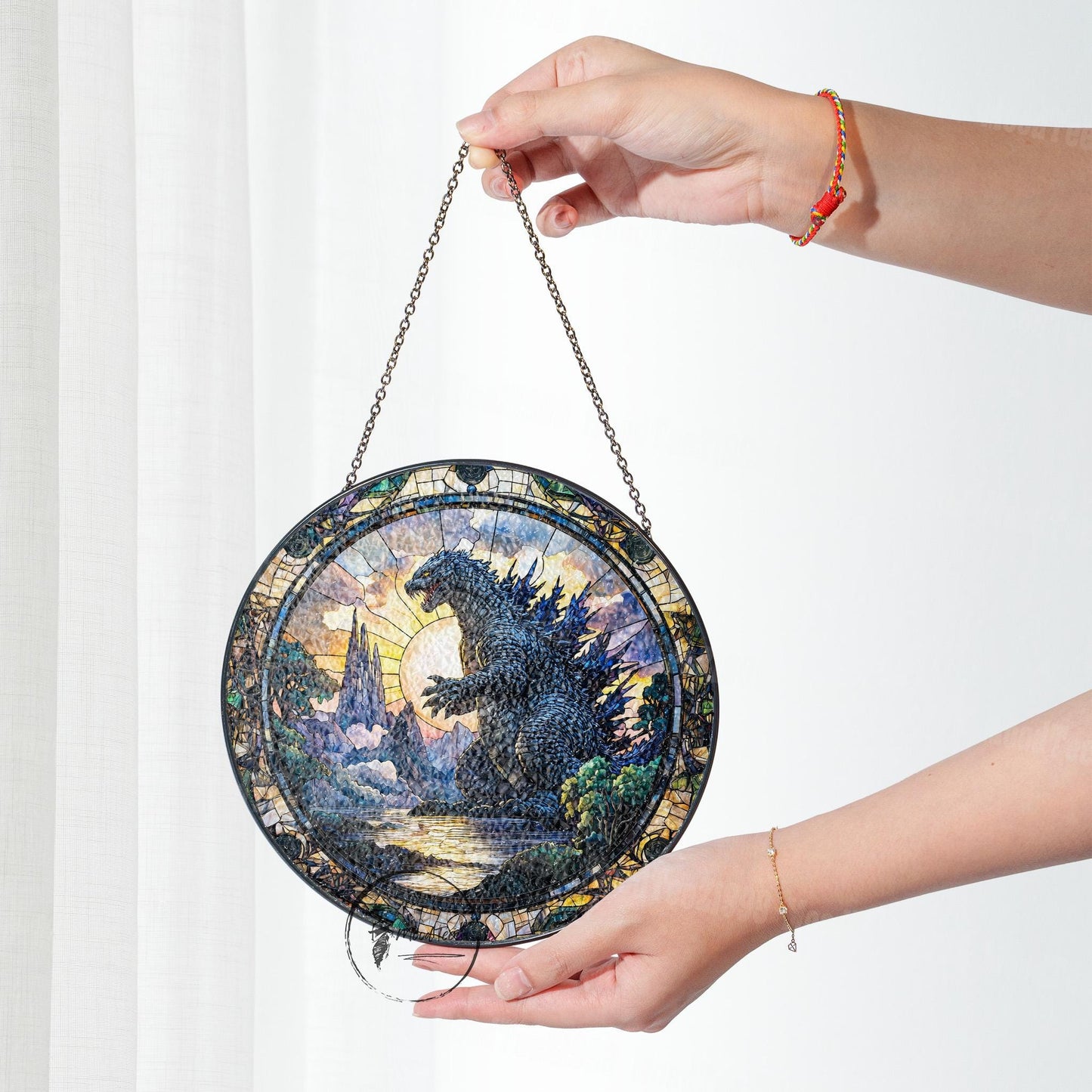 Godzila in Scenic Landscape Stained Glass, Unique Artistic Home Decor Gift for Movie Fans and Nature Enthusiasts