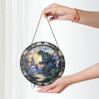 Godzila in Scenic Landscape Stained Glass, Unique Artistic Home Decor Gift for Movie Fans and Nature Enthusiasts
