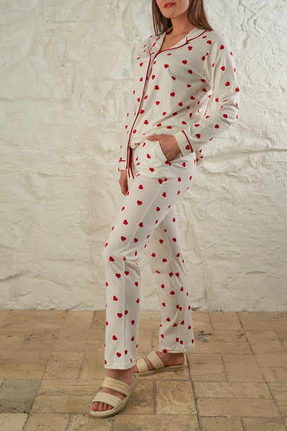 Women's Red Heart Pajama Set – Women Pajama Button-Up Sleepwear, Elegant White Loungewear with Romantic Design for Cozy Nights