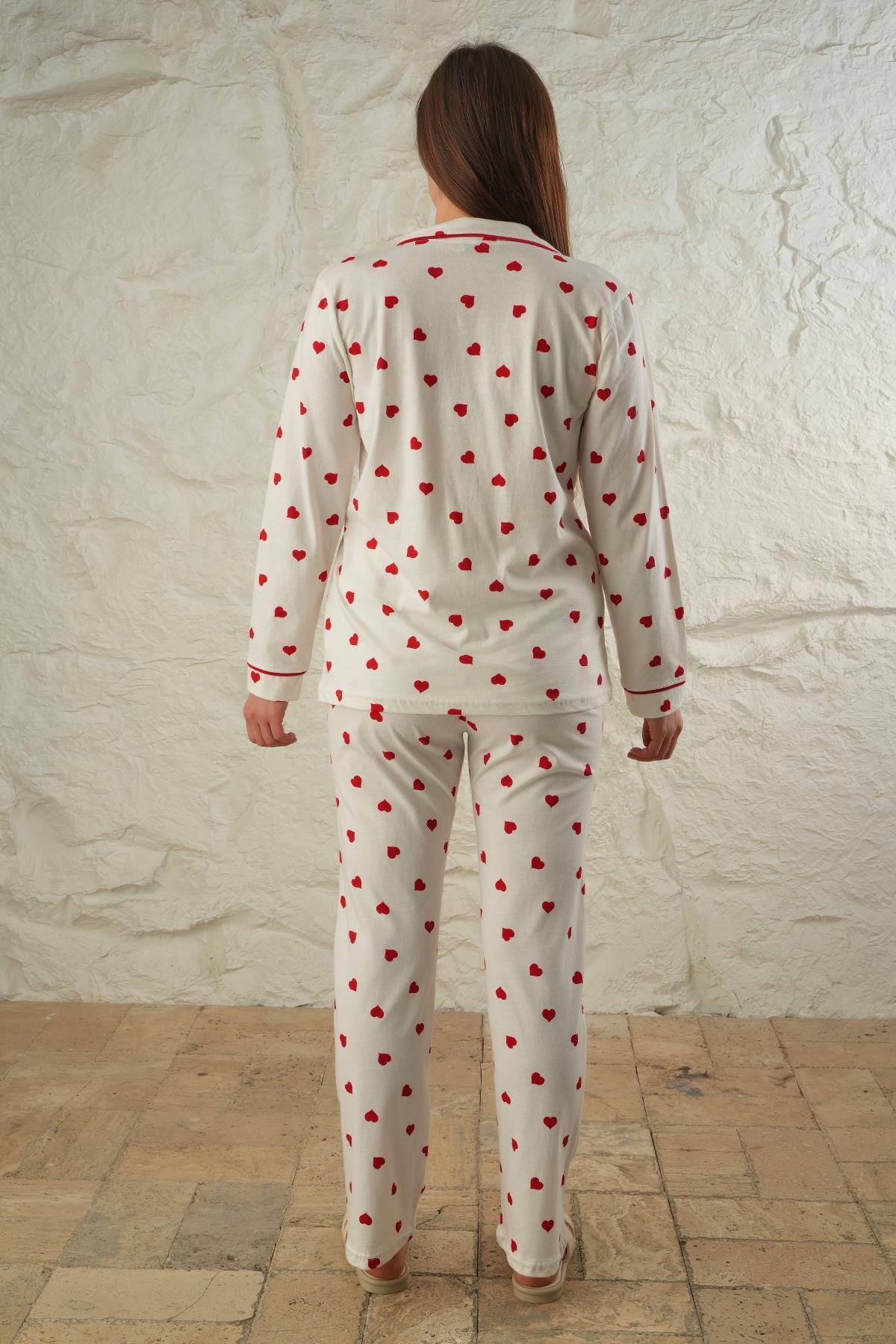 Women's Red Heart Pajama Set – Women Pajama Button-Up Sleepwear, Elegant White Loungewear with Romantic Design for Cozy Nights