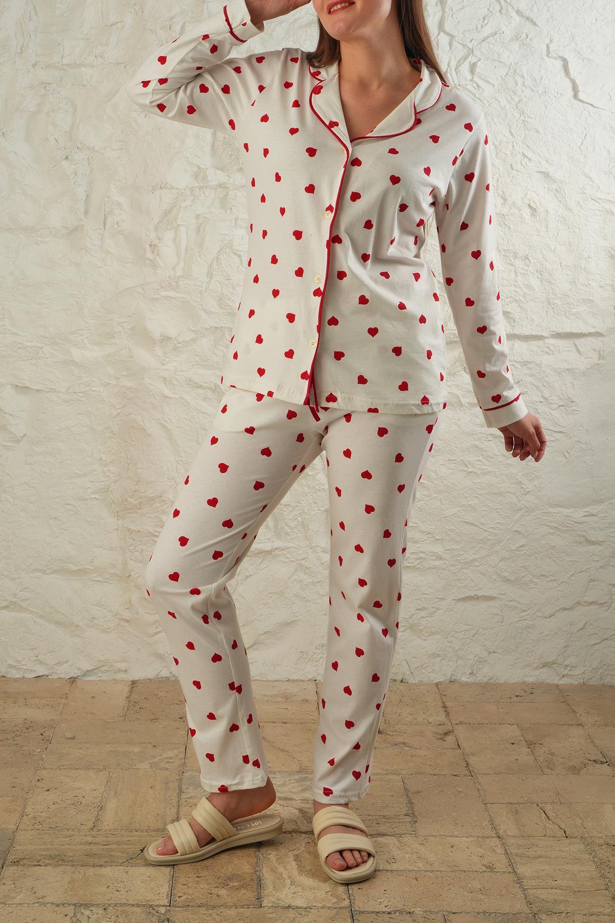 Women's Red Heart Pajama Set – Women Pajama Button-Up Sleepwear, Elegant White Loungewear with Romantic Design for Cozy Nights