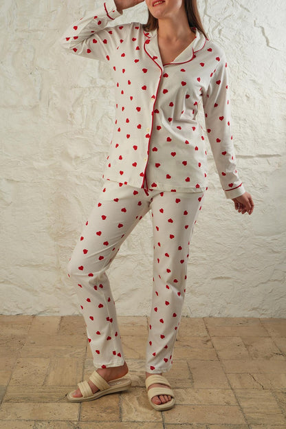 Women's Red Heart Pajama Set – Women Pajama Button-Up Sleepwear, Elegant White Loungewear with Romantic Design for Cozy Nights