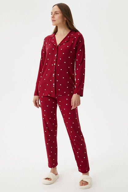 Women's Red Heart Pajama Set – Button-Up Women Pajama Sleepwear, Soft and Cozy Loungewear for Romantic Nights at Home - Gift for Her