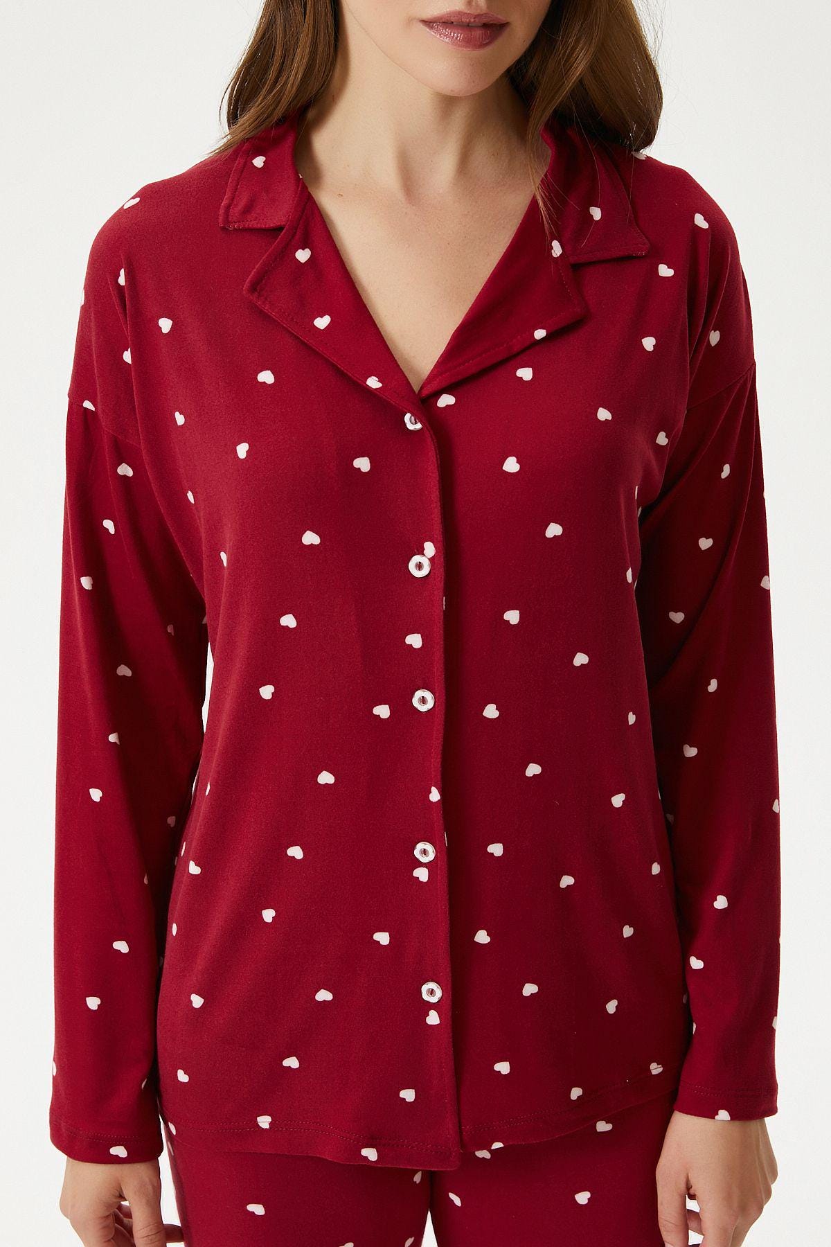 Women's Red Heart Pajama Set – Button-Up Women Pajama Sleepwear, Soft and Cozy Loungewear for Romantic Nights at Home - Gift for Her